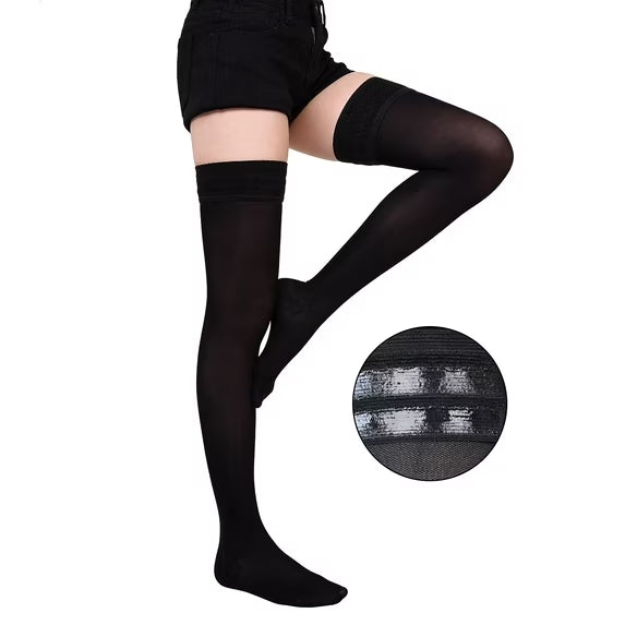 Thigh High Compression Stockings for Women, 15–21 mmHg Compression Socks with Silicone Grip, 200D Semi-Sheer Look for Work, Travel & Long Hours
