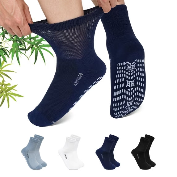 Diabetic Grip Socks for Men Women, 4 Pairs Bamboo Viscose Wide Non Slip Socks, Non Binding Seamless Socks for Swollen Feet