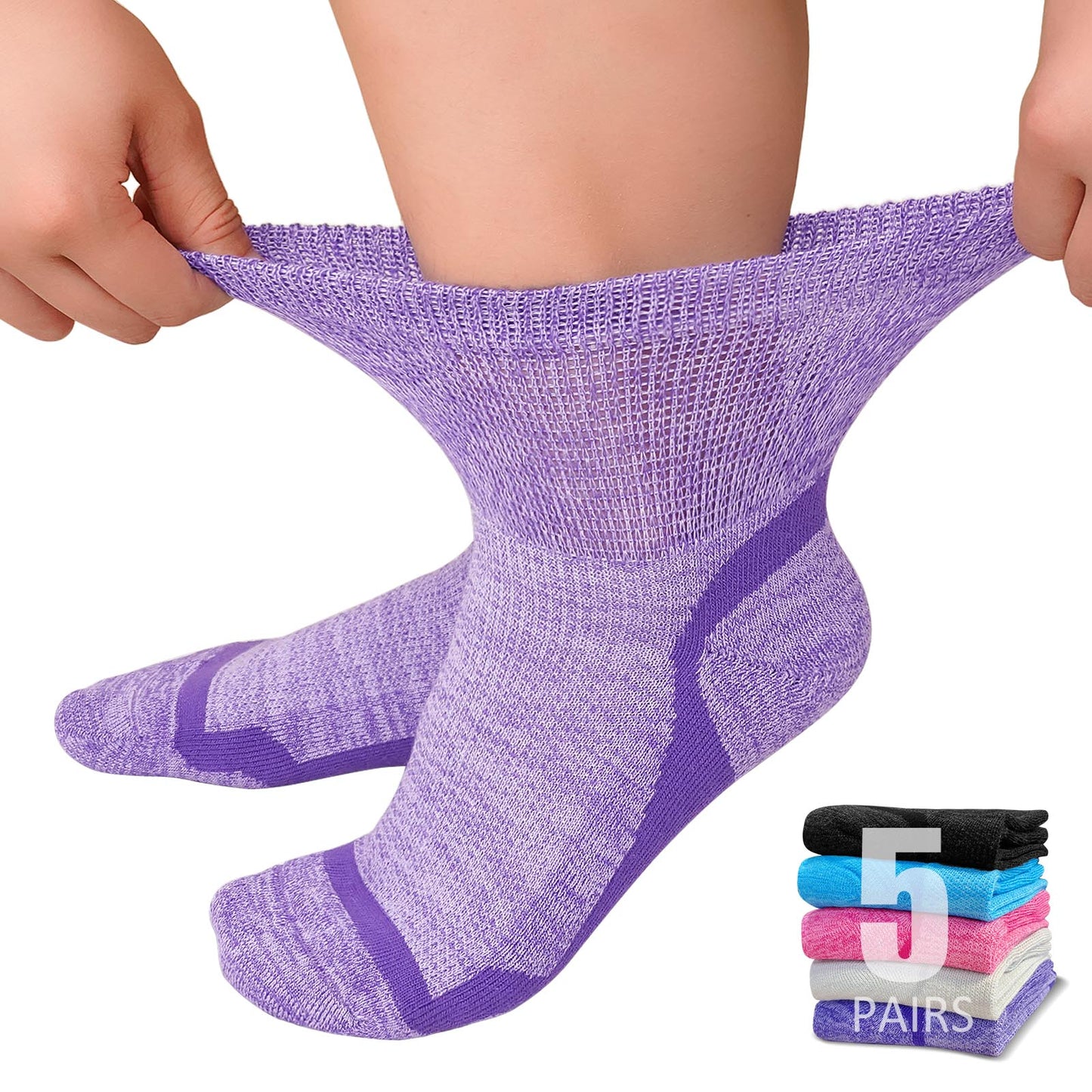 Bamboo Viscose Diabetic Socks,5 Pairs Wide Calf Socks for Men Women,Non Binding Diabetic Neuropathy Socks with Seamless Toe,Size 9-11