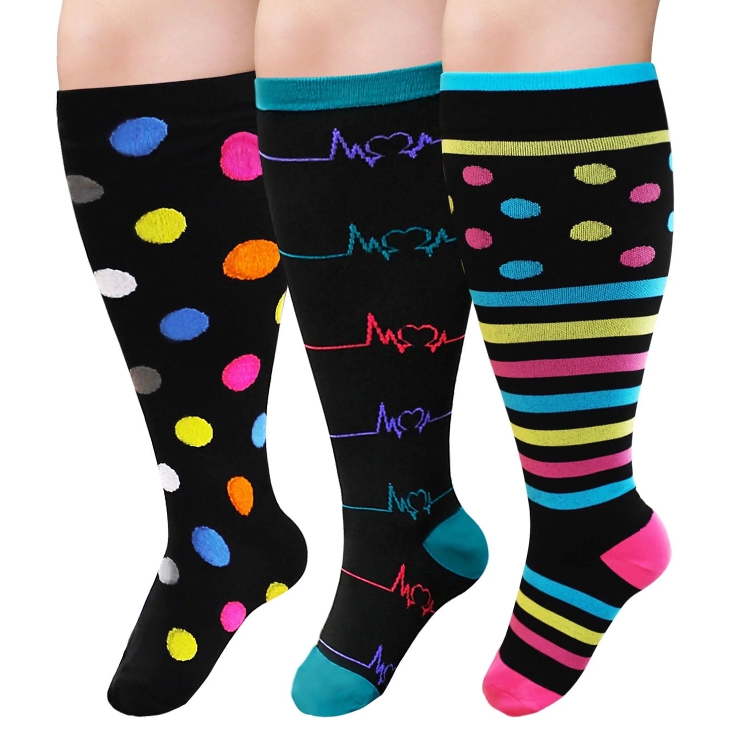 3 Pairs Wide Calf Compression Socks for Women and Men,Plus Size Knee High Support Stockings for Circulation,Nurses,Travel and Daily Wear