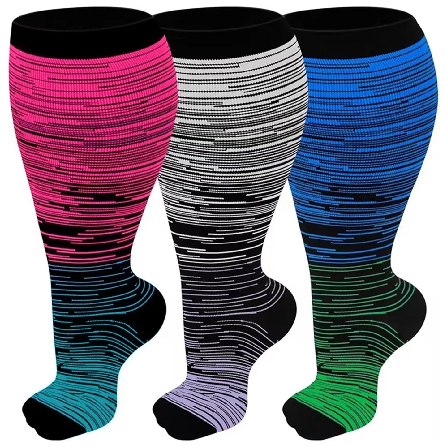 3 Pairs Wide Calf Compression Socks for Women and Men,Plus Size Knee High Support Stockings for Circulation,Nurses,Travel and Daily Wear