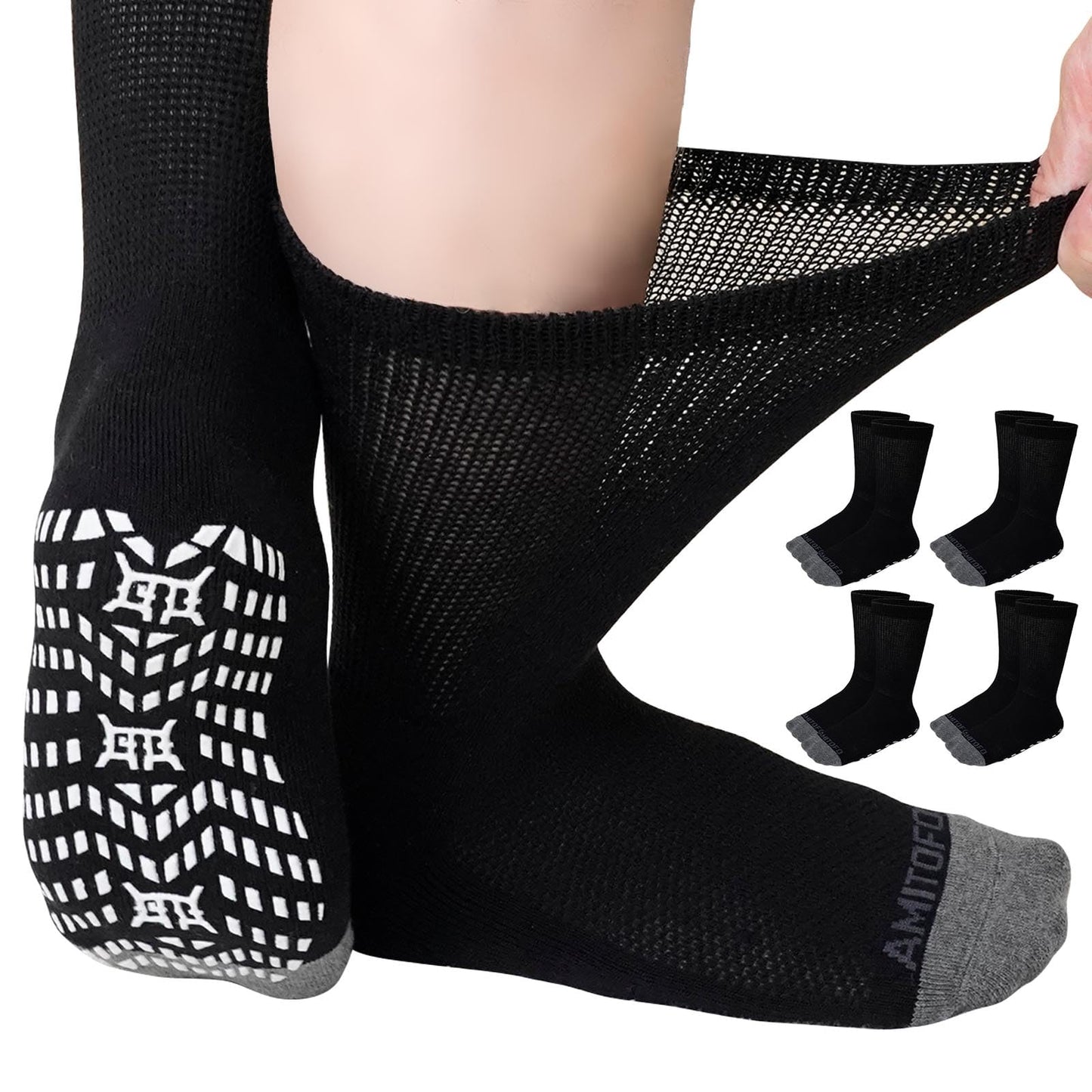Anti-Slip Gripper Diabetic Socks for Men and Women, UNEEI 4 Pairs Non-Binding Nonslip Socks with Comfort, Ideal for Elderly & Diabetes Foot Care