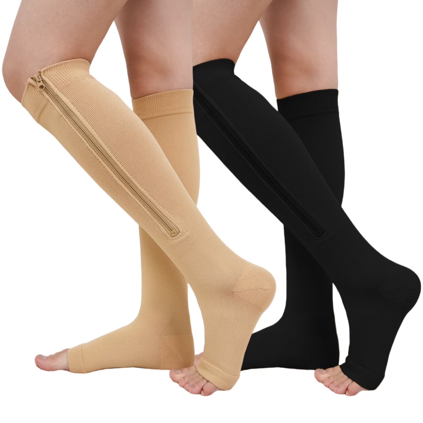 Zipper Compression Socks for Women -2 Pairs Open Toe Compression Socks, Knee High Support Stockings for Circulation, Varicose Veins, Swelling & Recovery