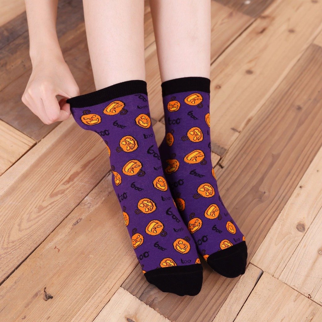 cute pumpkin purple crew socks for women