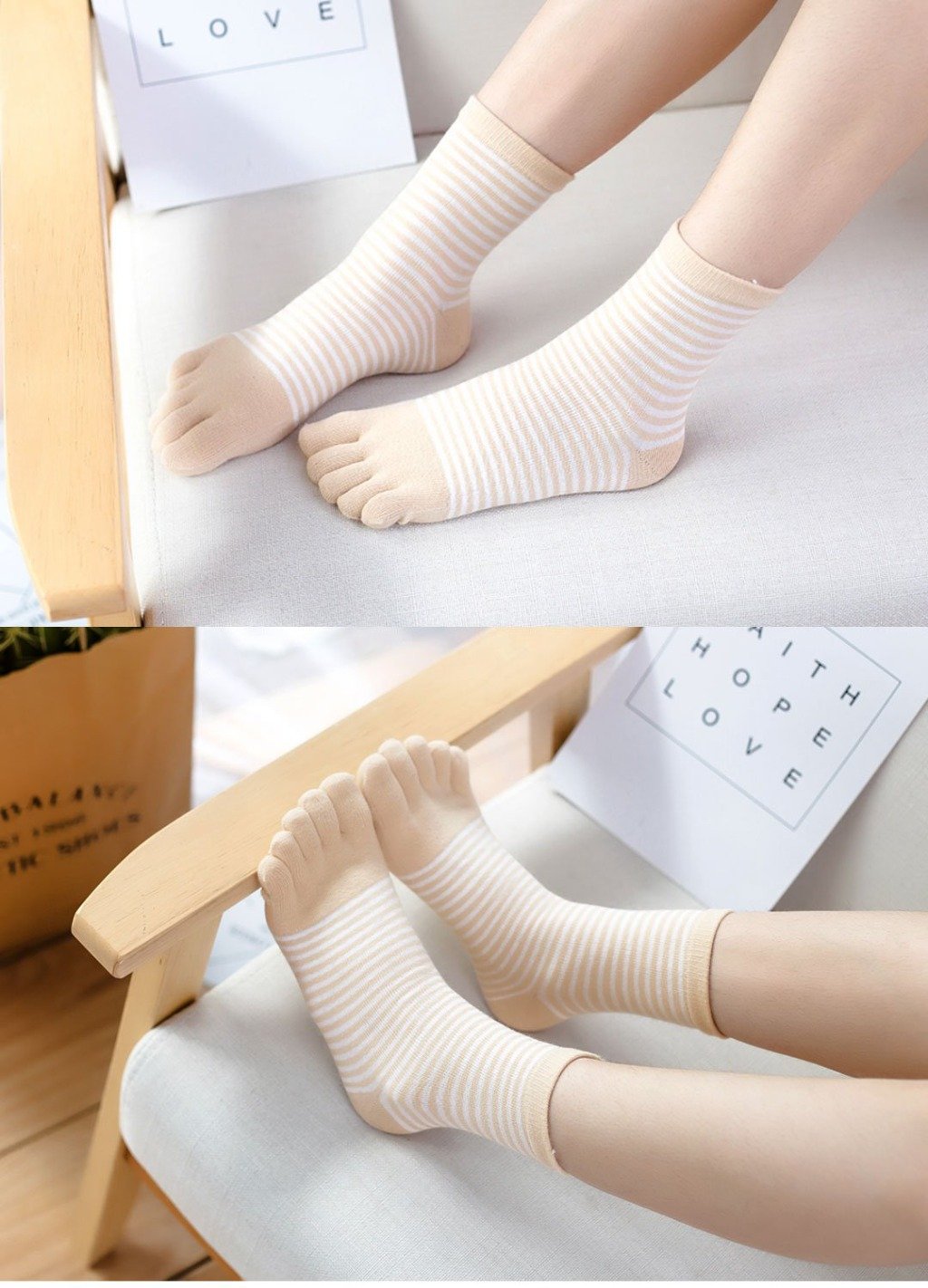 beige stripes crew socks for women