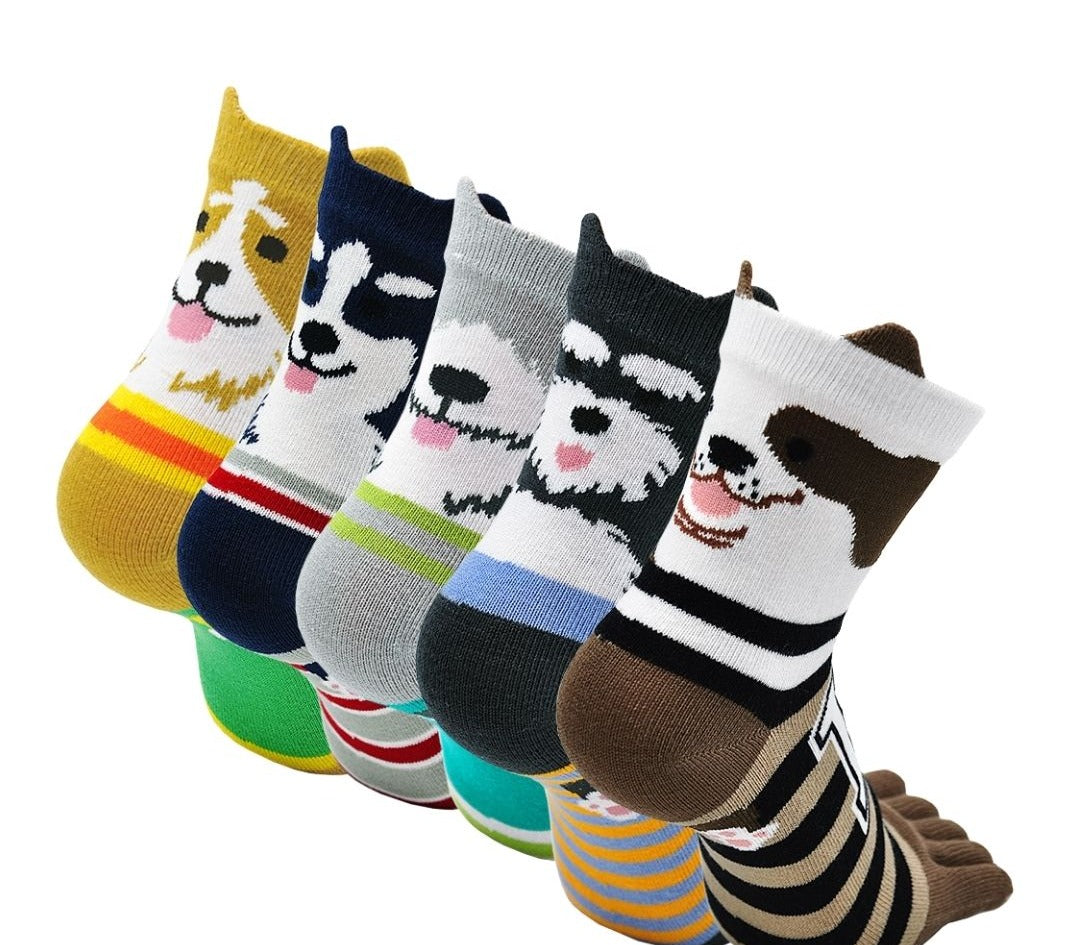 ZAKASA Cute Dog Design 5 Finger Crew Socks for Women, 5 Pairs
