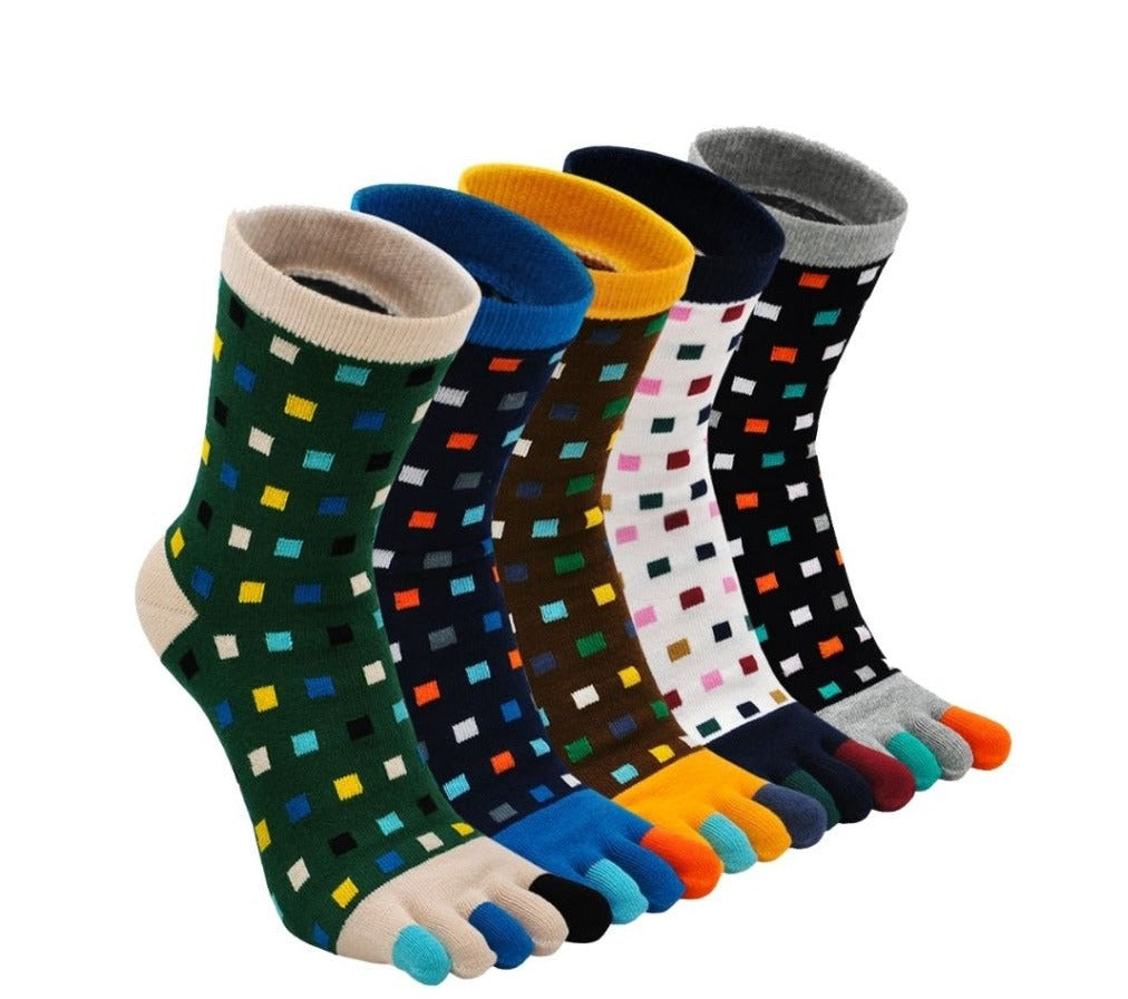 ZAKASA Vibrant Colors 5 Finger Crew Socks with Square patterns for Men, 5 Pairs