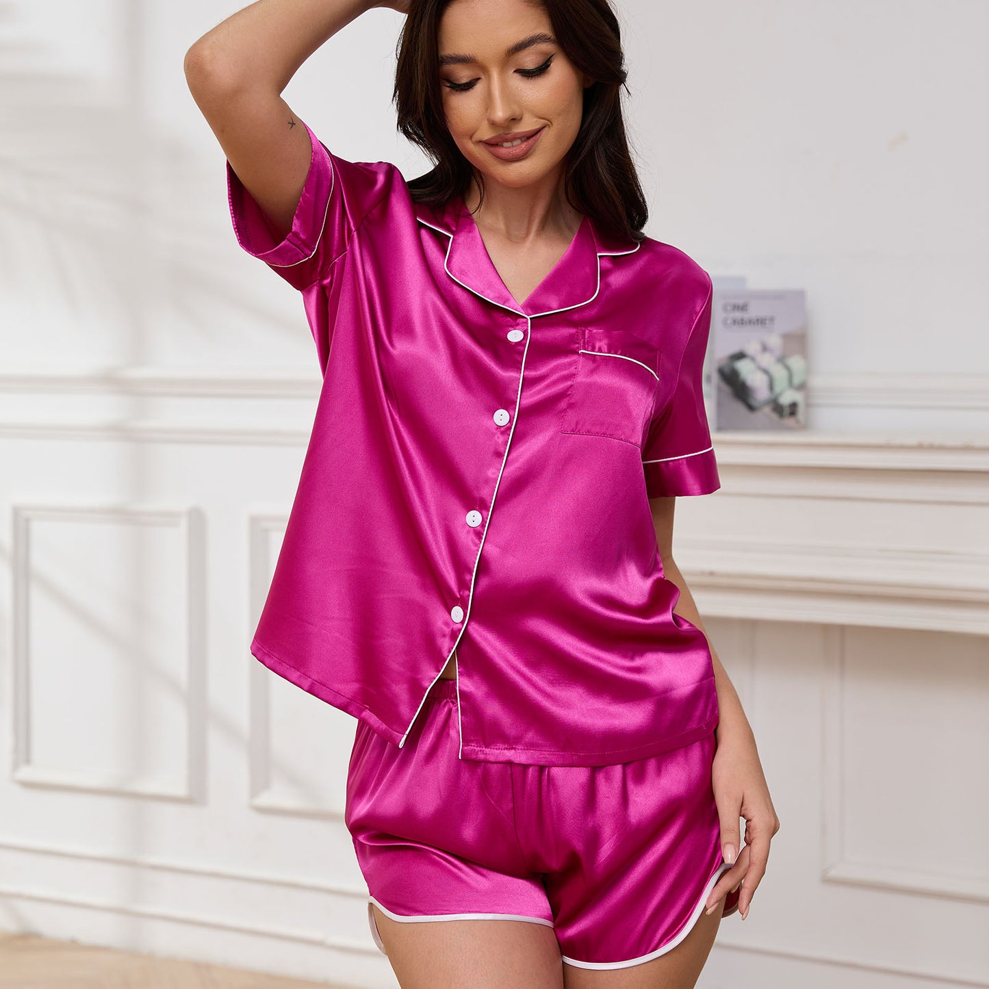 UNEEI Women Pajamas Set 2PC Silk Satin Lapel Sleepwear Short Sleeve Tops And Shorts Soft Button Down Women Loungewear Nightwear