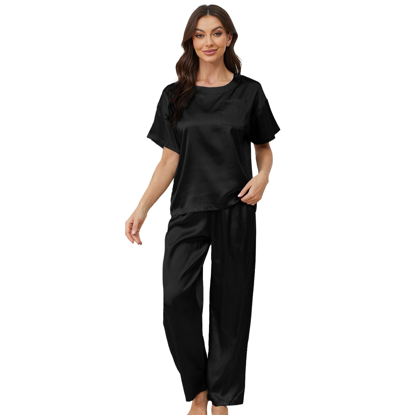 UNEEI Womens Silk Satin Pajama Sets Pocket Short Sleeve O Neck Women Sleepwear Set Long Pants Womens Soft Loungewear