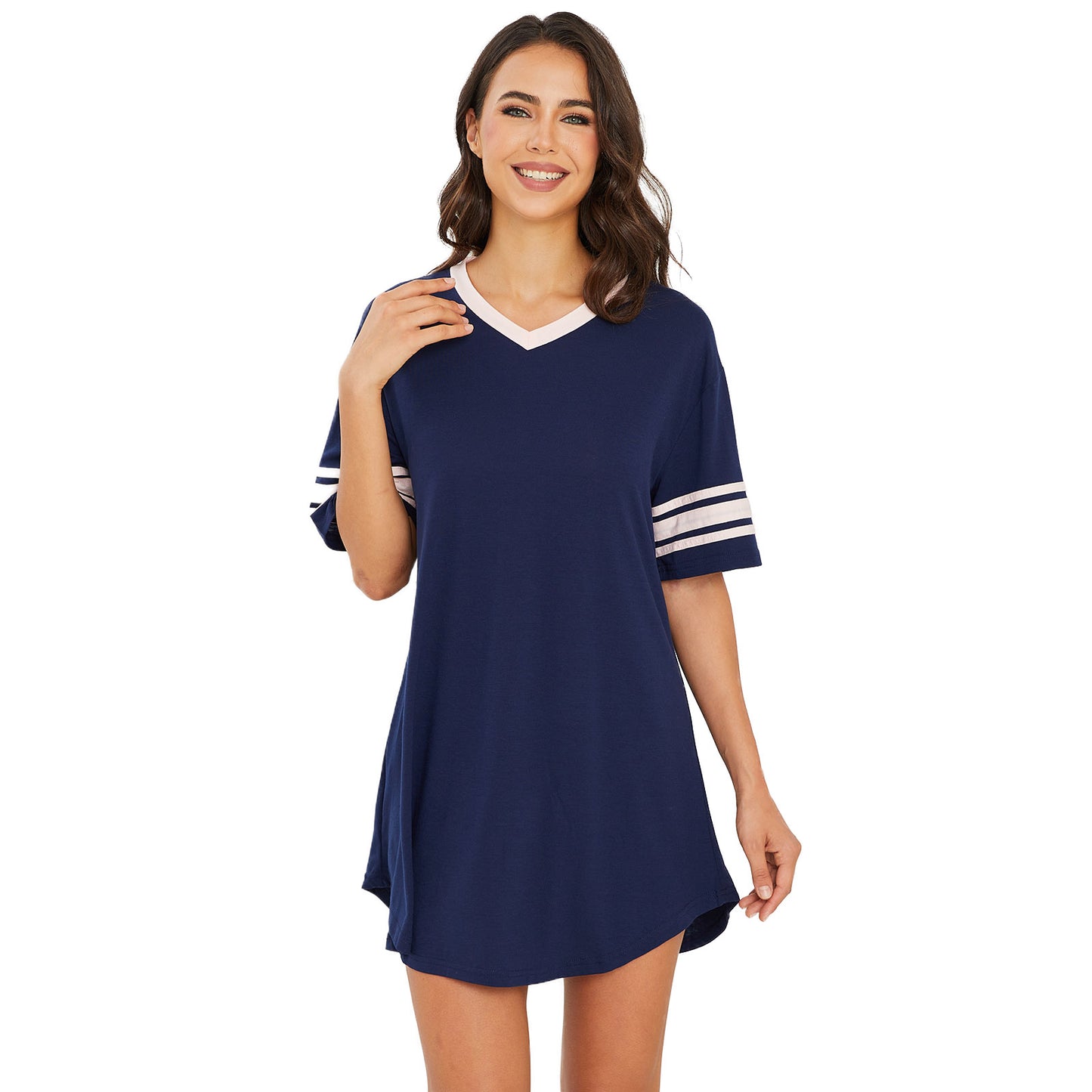 Nightgowns for Women,Short Sleeve Nightshirt V Neck Sleepwear,House Dresses Night Gown for Ladies, Color Block Sleep Dress