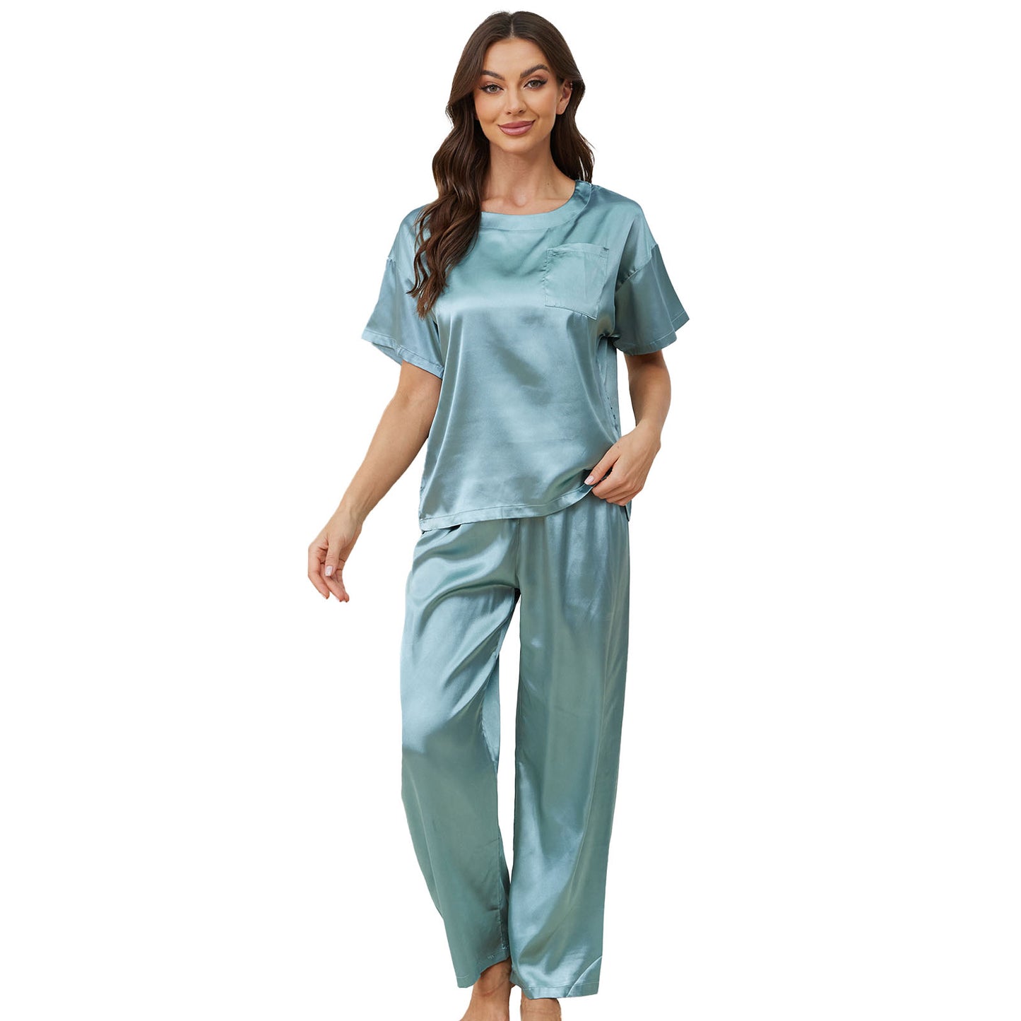 UNEEI Womens Silk Satin Pajama Sets Pocket Short Sleeve O Neck Women Sleepwear Set Long Pants Womens Soft Loungewear