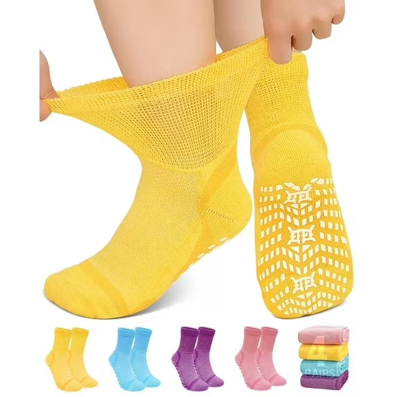 Non-Slip Bamboo Viscose Diabetic Socks for Men and Women, 4 Pair Extra Wide Calf Gripper Socks, Seamless Toe for Ultimate Comfort