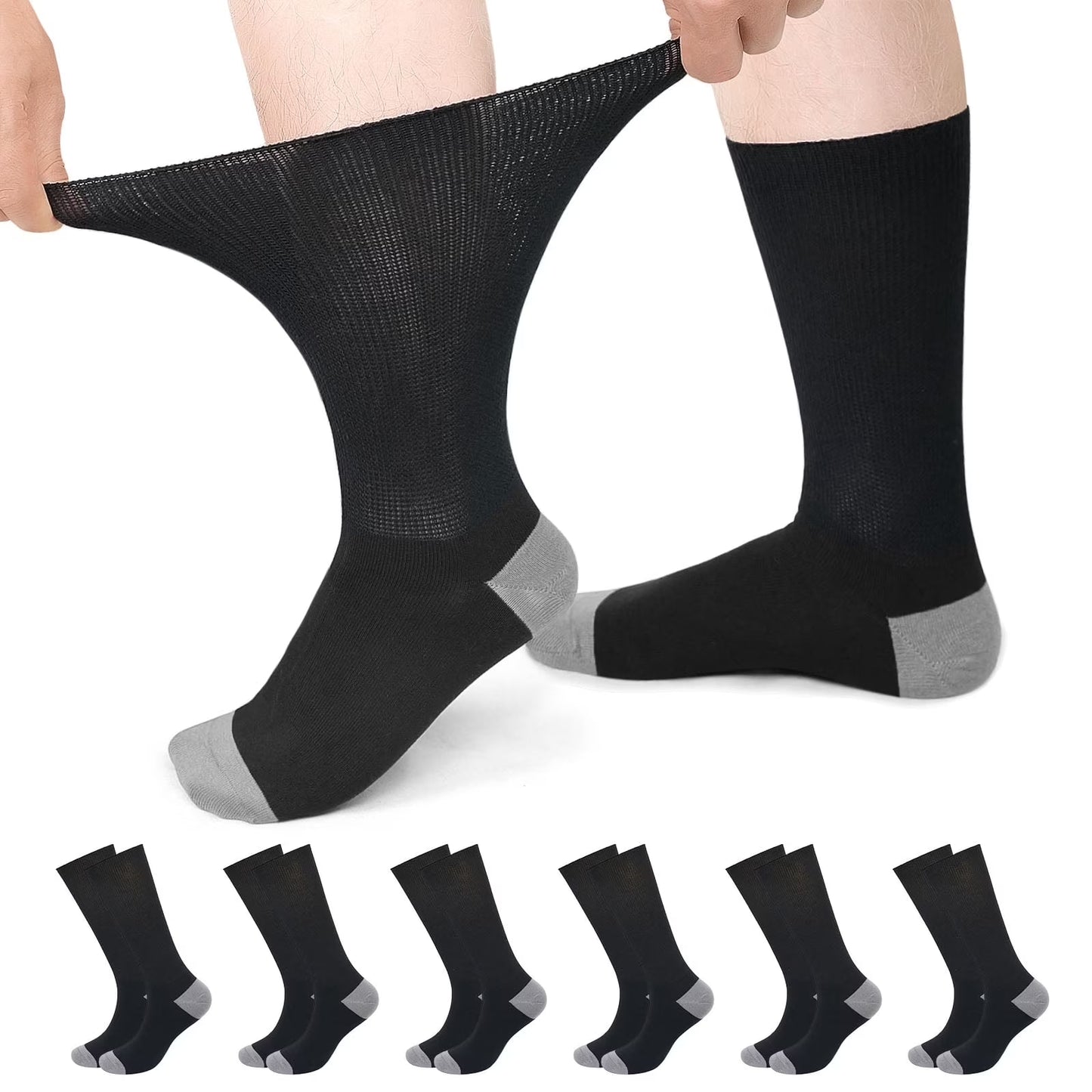 Diabetic Socks for Men & Women, 6 Pairs Non-Binding Crew Socks with Extra Wide Loose Fit for Swollen Feet and Calves, Color-Block Design