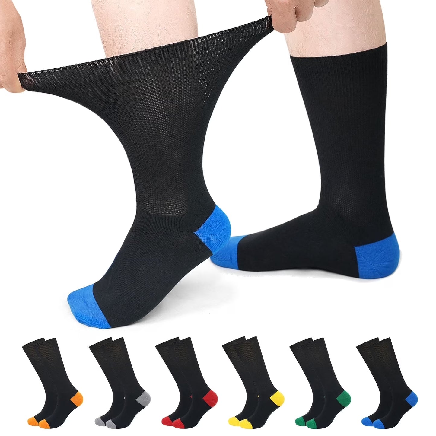 Diabetic Socks for Men & Women, 6 Pairs Non-Binding Crew Socks with Extra Wide Loose Fit for Swollen Feet and Calves, Color-Block Design