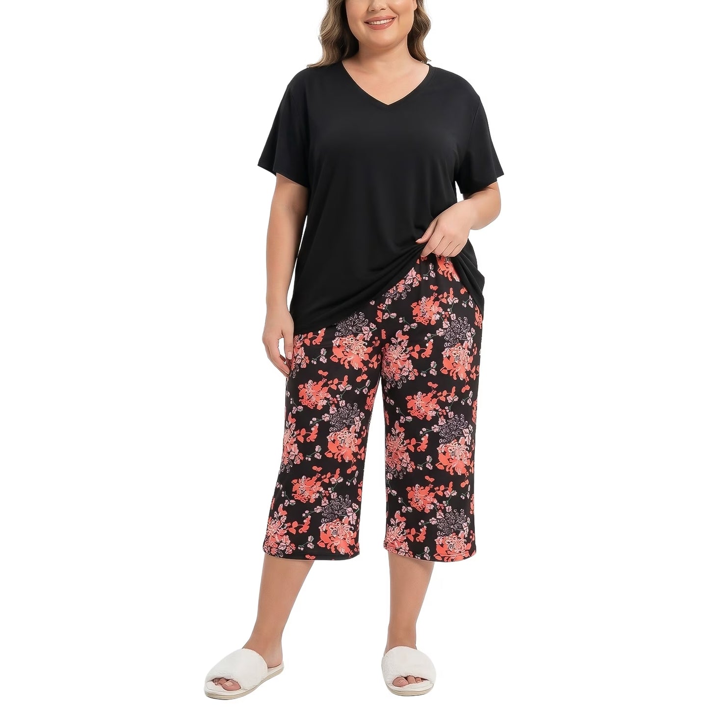 Plus Size Pajamas Set for Women,2 Piece Loungewear Set Floral Sleepwear for Spring Summer Fall,Soft Lightweigh V Neck Short Sleeve Top and Capri Pants