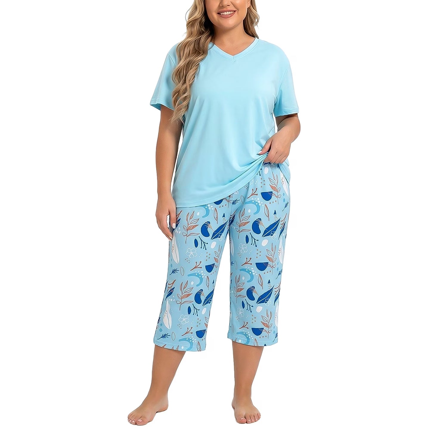 Plus Size Pajamas Set for Women,2 Piece Loungewear Set Floral Sleepwear for Spring Summer Fall,Soft Lightweigh V Neck Short Sleeve Top and Capri Pants