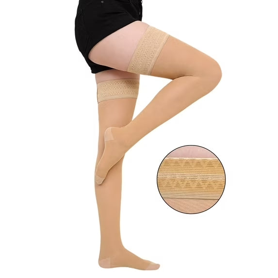 Thigh High Compression Stockings for Women, 15–21 mmHg Compression Socks with Silicone Grip, 200D Semi-Sheer Look for Work, Travel & Long Hours