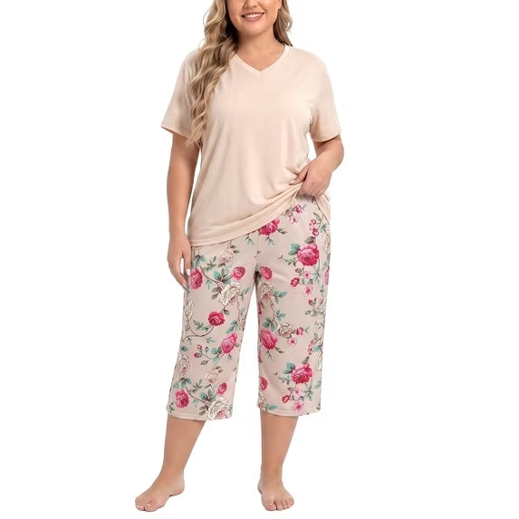 Plus Size Pajamas Set for Women,2 Piece Loungewear Set Floral Sleepwear for Spring Summer Fall,Soft Lightweigh V Neck Short Sleeve Top and Capri Pants