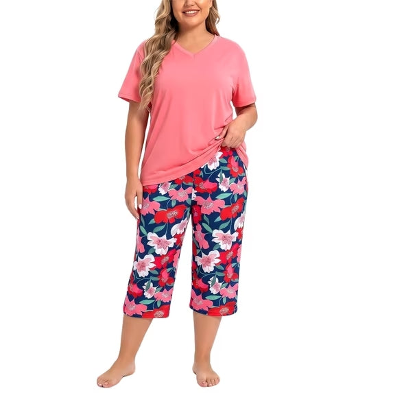 Plus Size Pajamas Set for Women,2 Piece Loungewear Set Floral Sleepwear for Spring Summer Fall,Soft Lightweigh V Neck Short Sleeve Top and Capri Pants