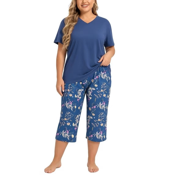 Plus Size Pajamas Set for Women,2 Piece Loungewear Set Floral Sleepwear for Spring Summer Fall,Soft Lightweigh V Neck Short Sleeve Top and Capri Pants