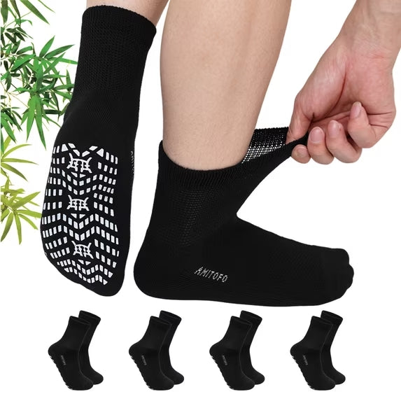 Diabetic Grip Socks for Men Women, 4 Pairs Bamboo Viscose Wide Non Slip Socks, Non Binding Seamless Socks for Swollen Feet