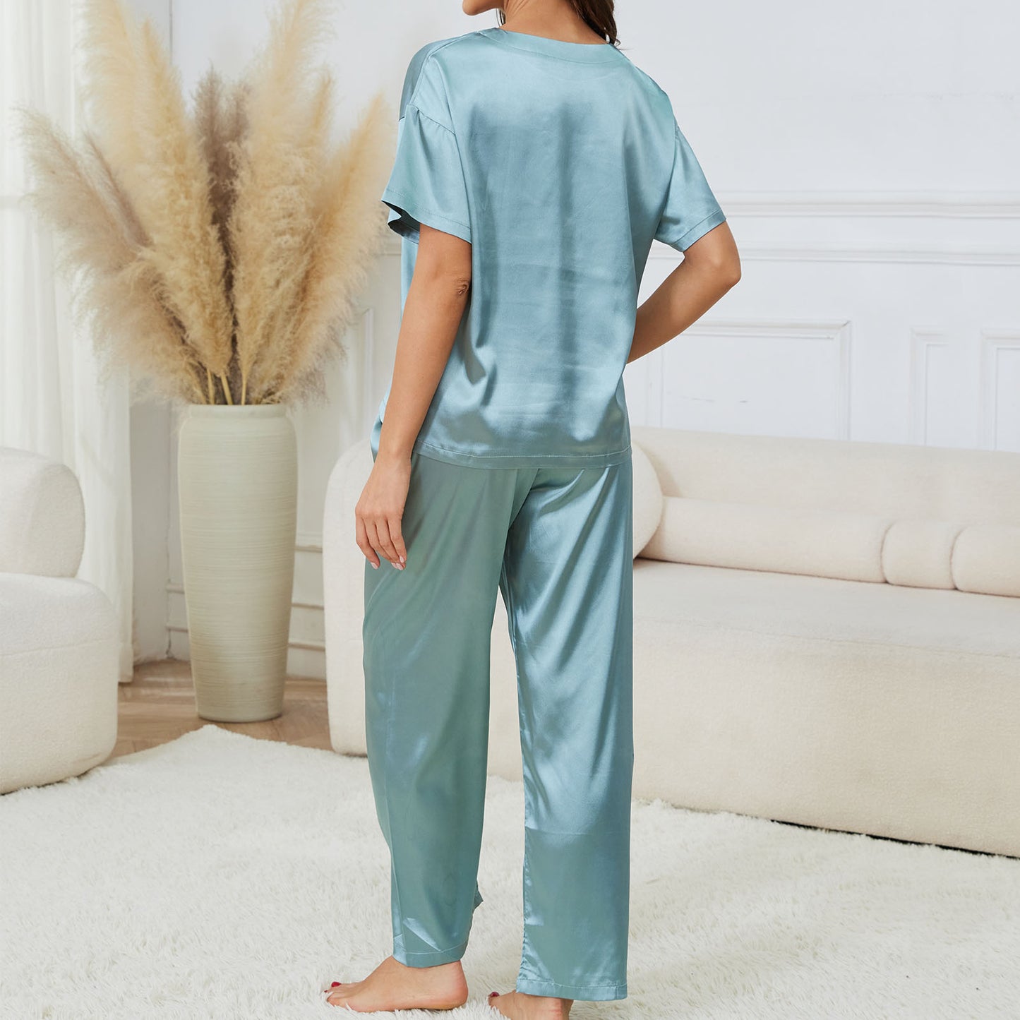 UNEEI Womens Silk Satin Pajama Sets Pocket Short Sleeve O Neck Women Sleepwear Set Long Pants Womens Soft Loungewear