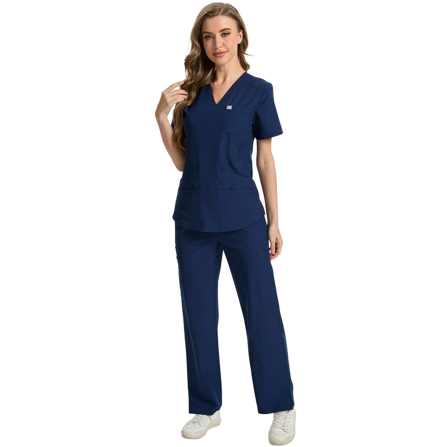 UNEEI Scrubs for Women Set, Water-Resistant and Stain-Resistant Womens Scrubs, V-Neck Top and Drawstring Waist Pant with 7 Pockets