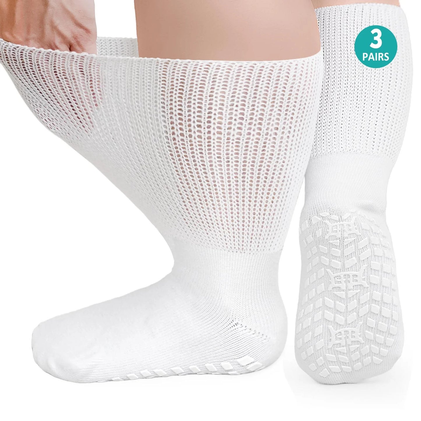 3 Pairs Cotton Diabetic Socks for Men and Women, Extra Wide Calf Socks for Swollen Feet, Comfortable & Non-Binding Fit Crew Socks, Size 13-15