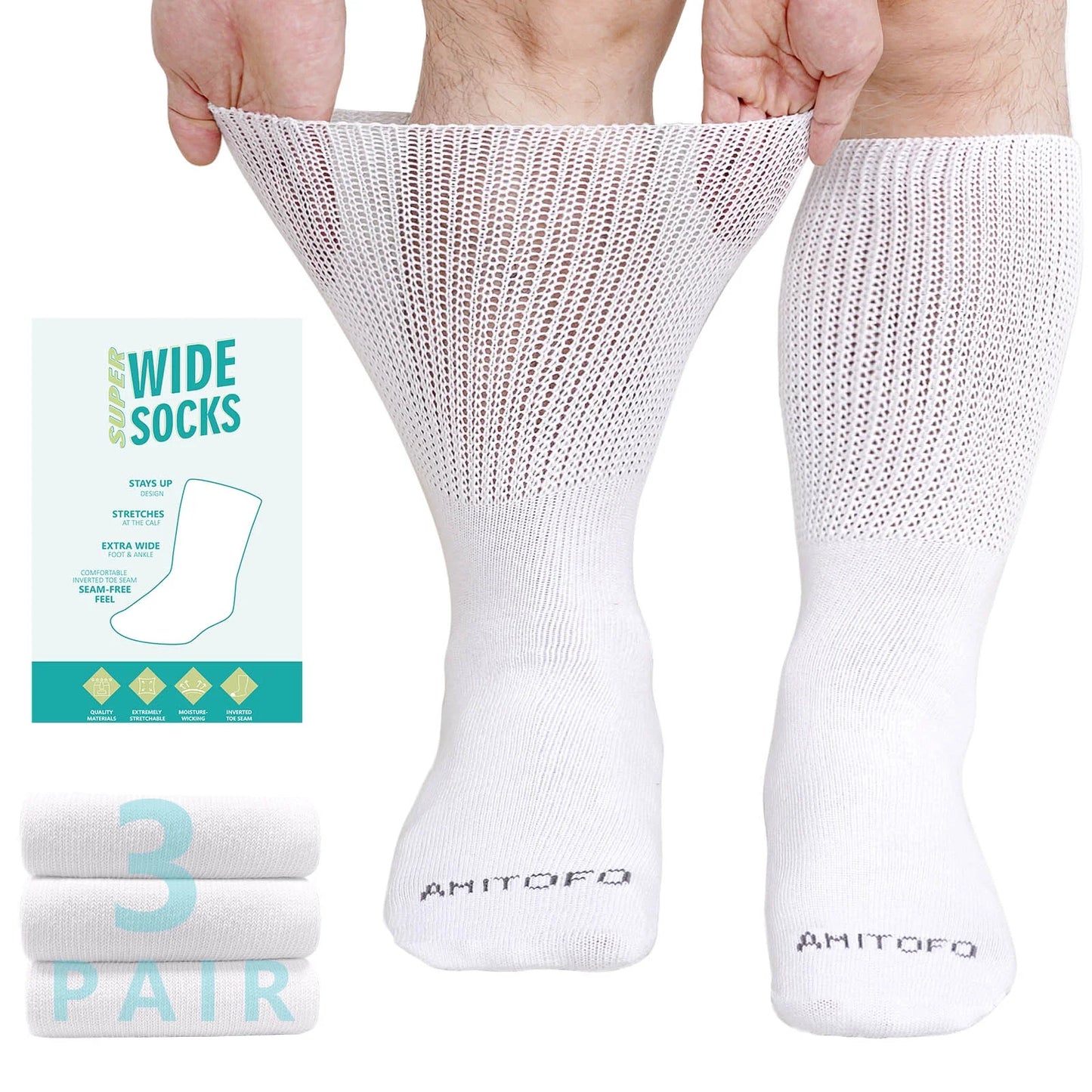 3 Pairs Cotton Diabetic Socks for Men and Women, Extra Wide Calf Socks for Swollen Feet, Comfortable & Non-Binding Fit Crew Socks, Size 13-15