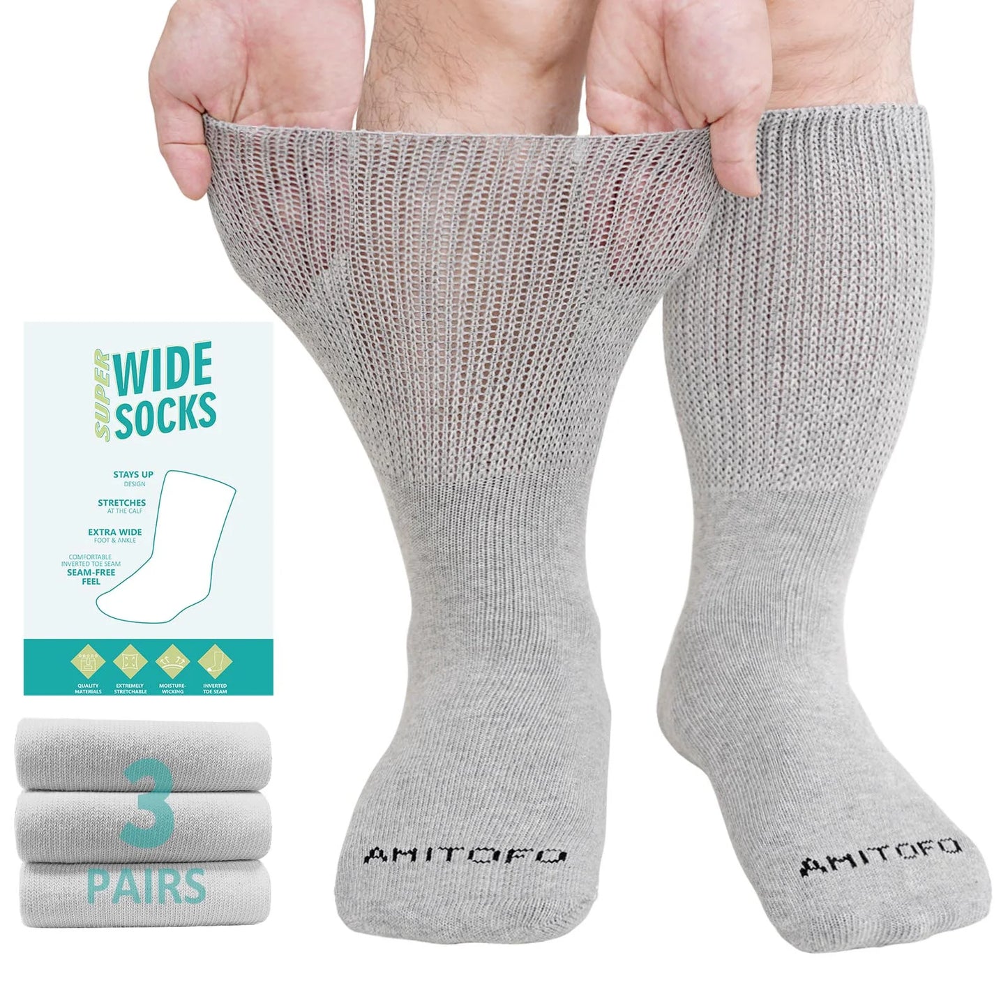 3 Pairs Cotton Diabetic Socks for Men and Women, Extra Wide Calf Socks for Swollen Feet, Comfortable & Non-Binding Fit Crew Socks, Size 13-15