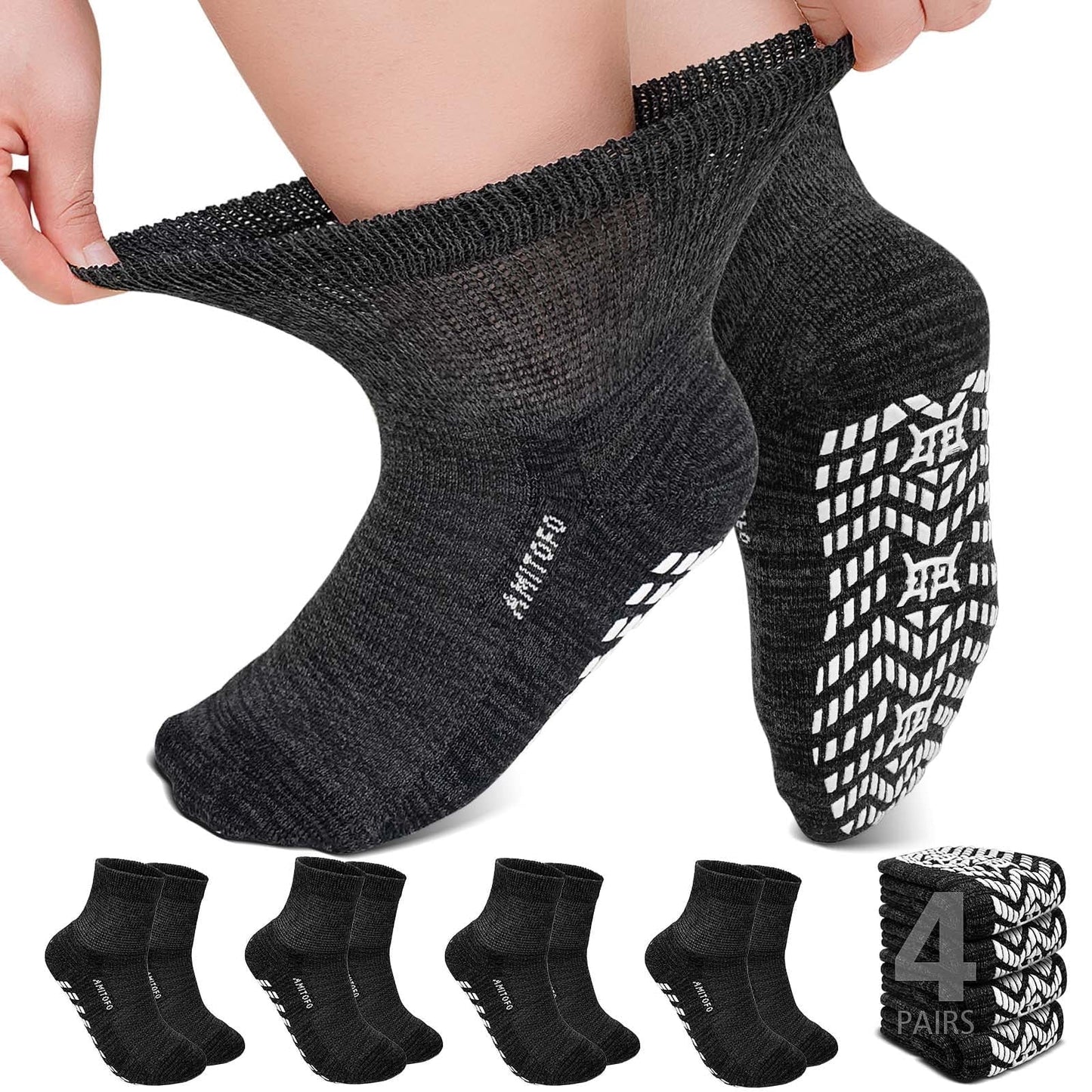 Non-Slip Bamboo Viscose Diabetic Socks for Men and Women, 4 Pair Extra Wide Calf Gripper Socks, Seamless Toe for Ultimate Comfort