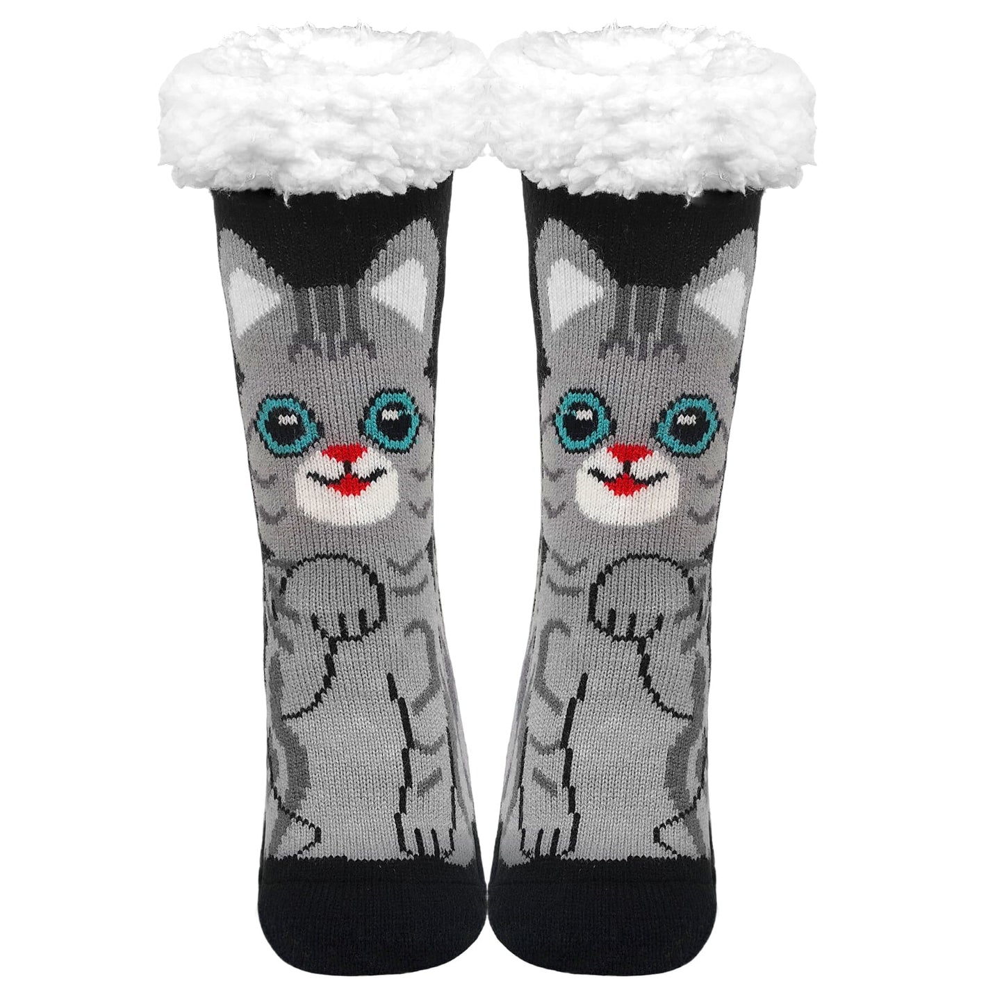 Womens Fuzzy Socks Cozy Fluffy Winter Slipper Socks with Grippers ,UNEEI Warm Thick Cat Pattern Non-Slip Winter House Socks, Size 9-12