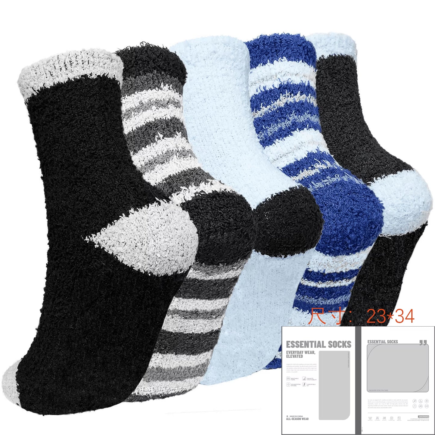 Fuzzy Warm Socks,  Warm Soft Fluffy Socks , 5 Pairs Winter Plush Fuzzy Crew Seamless Thick CozyThermal Socks, Size 9-11