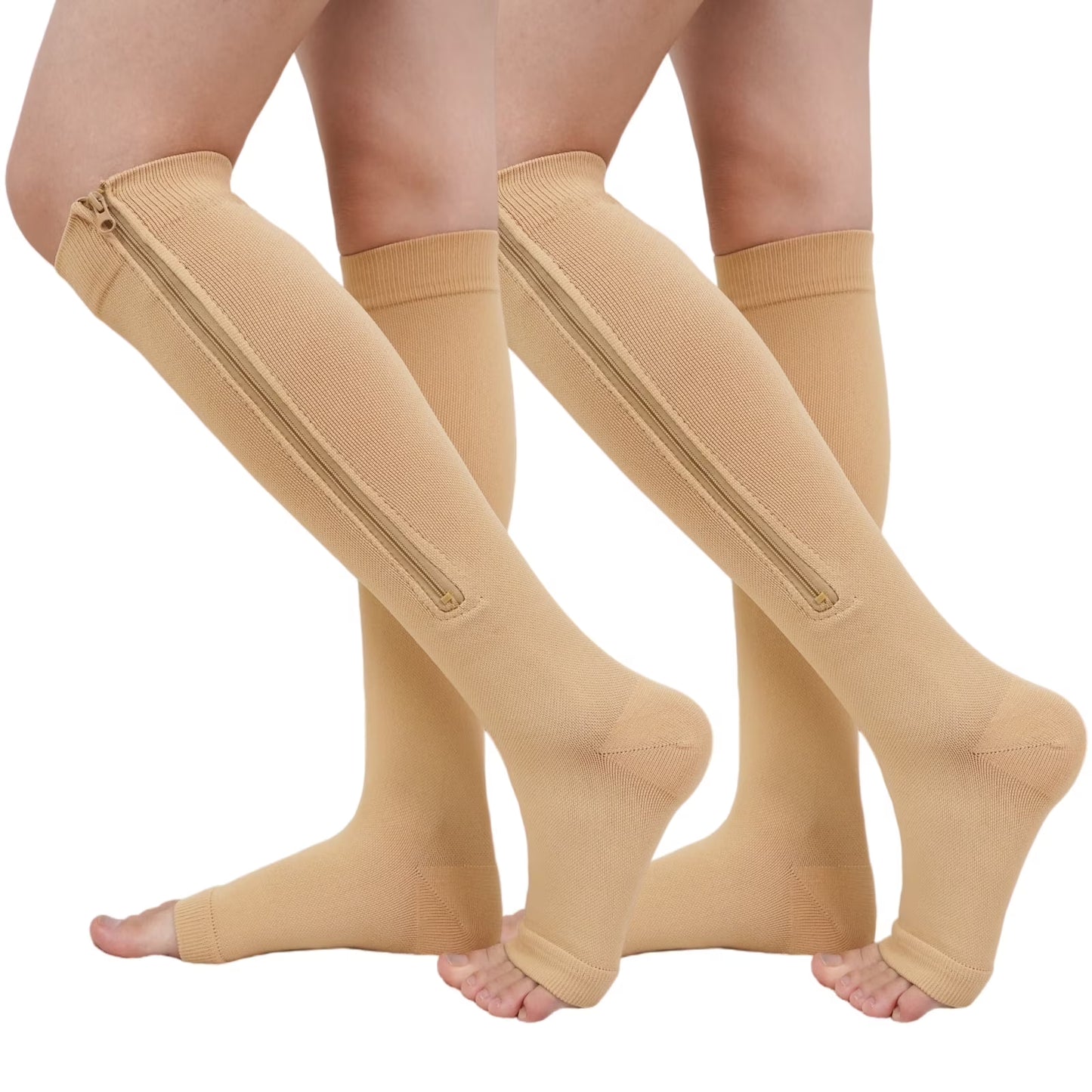Zipper Compression Socks for Women -2 Pairs Open Toe Compression Socks, Knee High Support Stockings for Circulation, Varicose Veins, Swelling & Recovery