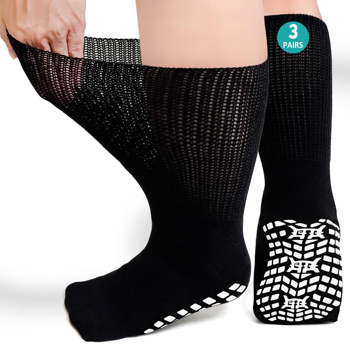 3 Pairs Cotton Diabetic Socks for Men and Women, Extra Wide Calf Socks for Swollen Feet, Comfortable & Non-Binding Fit Crew Socks, Size 13-15