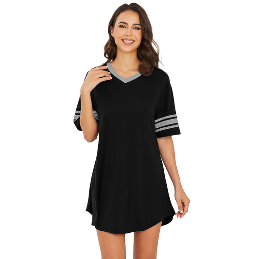 Nightgowns for Women,Short Sleeve Nightshirt V Neck Sleepwear,House Dresses Night Gown for Ladies, Color Block Sleep Dress