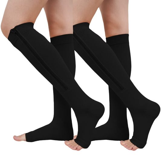 Zipper Compression Socks for Women -2 Pairs Open Toe Compression Socks, Knee High Support Stockings for Circulation, Varicose Veins, Swelling & Recovery