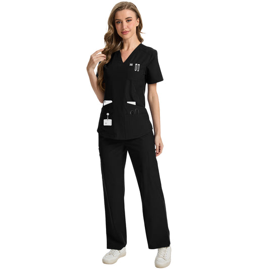 UNEEI Scrubs for Women Set, Water-Resistant and Stain-Resistant Womens Scrubs, V-Neck Top and Drawstring Waist Pant with 7 Pockets