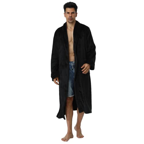 Mens Long Robes with Hood Full Length Hooded Bathrobe Fleece Plush Fluffy Housecoat Nightgown Navy Blue