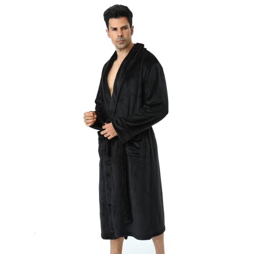 Mens Long Robes with Hood Full Length Hooded Bathrobe Fleece Plush Fluffy Housecoat Nightgown Navy Blue