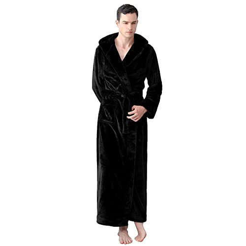 Mens Long Robes with Hood Full Length Hooded Bathrobe Fleece Plush Fluffy Housecoat Nightgown Navy Blue