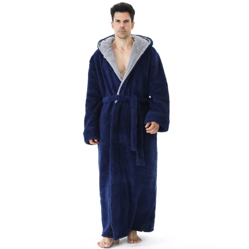 Mens Long Robes with Hood Full Length Hooded Bathrobe Fleece Plush Fluffy Housecoat Nightgown Navy Blue