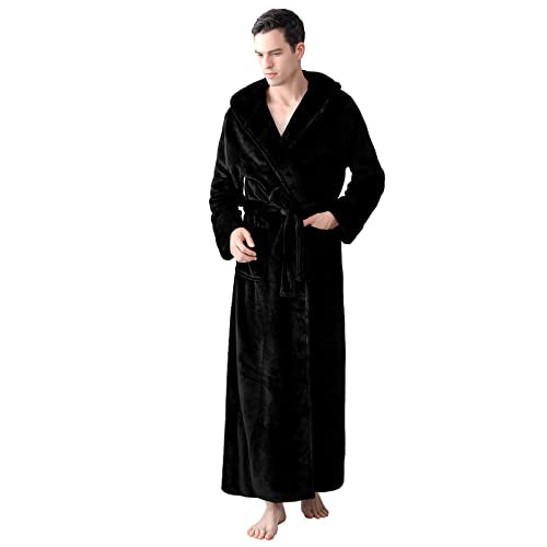 Mens Long Robes with Hood Full Length Hooded Bathrobe Fleece Plush Fluffy Housecoat Nightgown Navy Blue