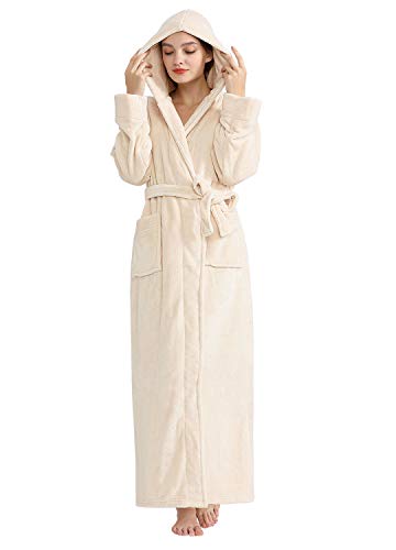 ZAKASA Women Luxurious Dressing Gown Full Length Hooded Plush Fleece Robe, Long Bathrobe Beige