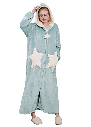 Womens Robe Hooded Zipper Flannel Bathrobes Housecoat Ladies Plush Fleece Warm Sleepwear Long Pajamas Nightgown