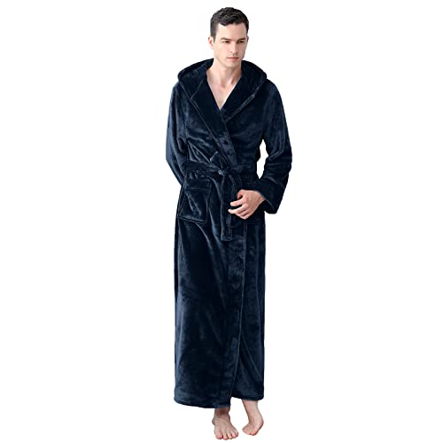 Mens Long Robes with Hood Full Length Hooded Bathrobe Fleece Plush Fluffy Housecoat Nightgown Navy Blue