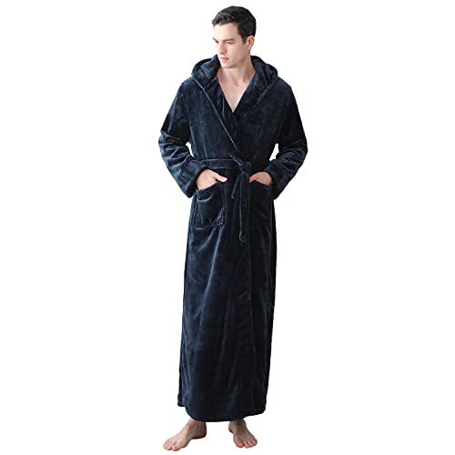 Mens Long Robes with Hood Full Length Hooded Bathrobe Fleece Plush Fluffy Housecoat Nightgown Navy Blue