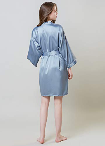 Womens Pure Colour Short Satin Kimono Robe Bridesmaid Bathrobe Silk V-Neck Sleepwear Blue