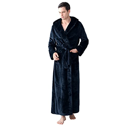 Mens Long Robes with Hood Full Length Hooded Bathrobe Fleece Plush Fluffy Housecoat Nightgown Navy Blue