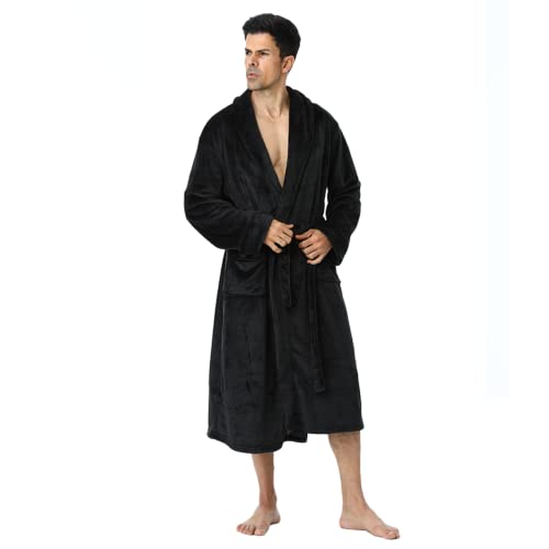 Mens Long Robes with Hood Full Length Hooded Bathrobe Fleece Plush Fluffy Housecoat Nightgown Navy Blue